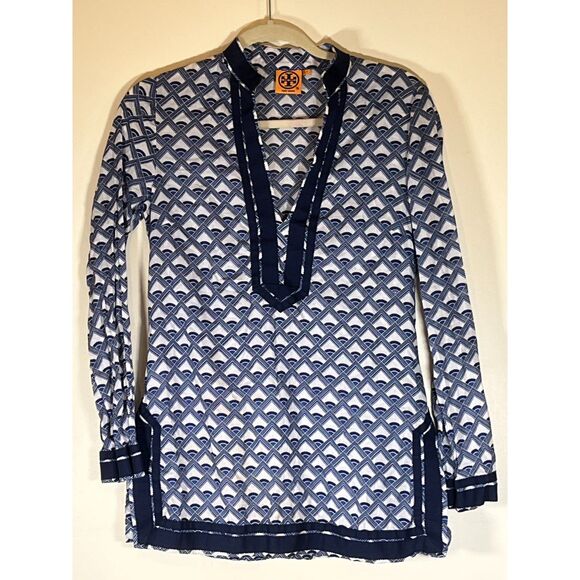 Tory Burch Blue White Geometric‎ Print Long Sleeve Tunic Top - Picture 1 of 6
